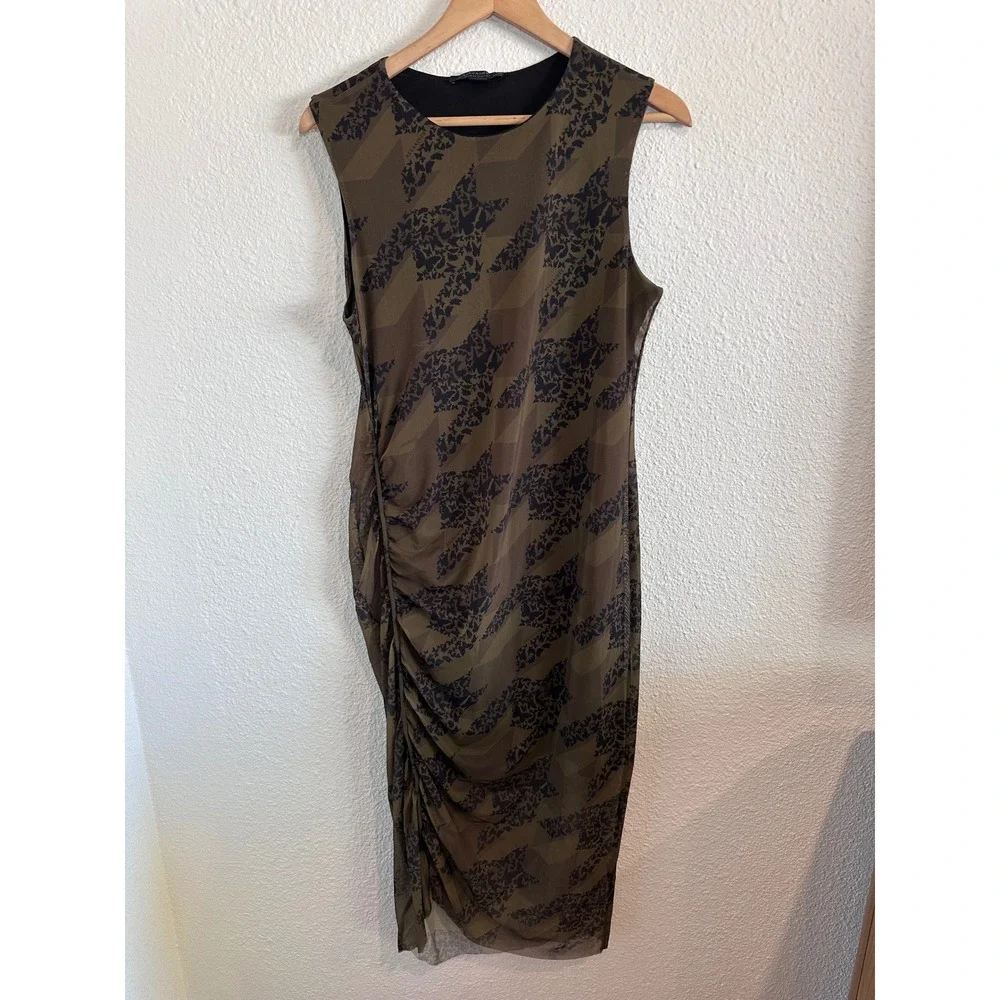 AllSaints Women Olive Green Mesh Houndstooth Floral Ruched Midi Dress US 10 - Picture 4 of 7